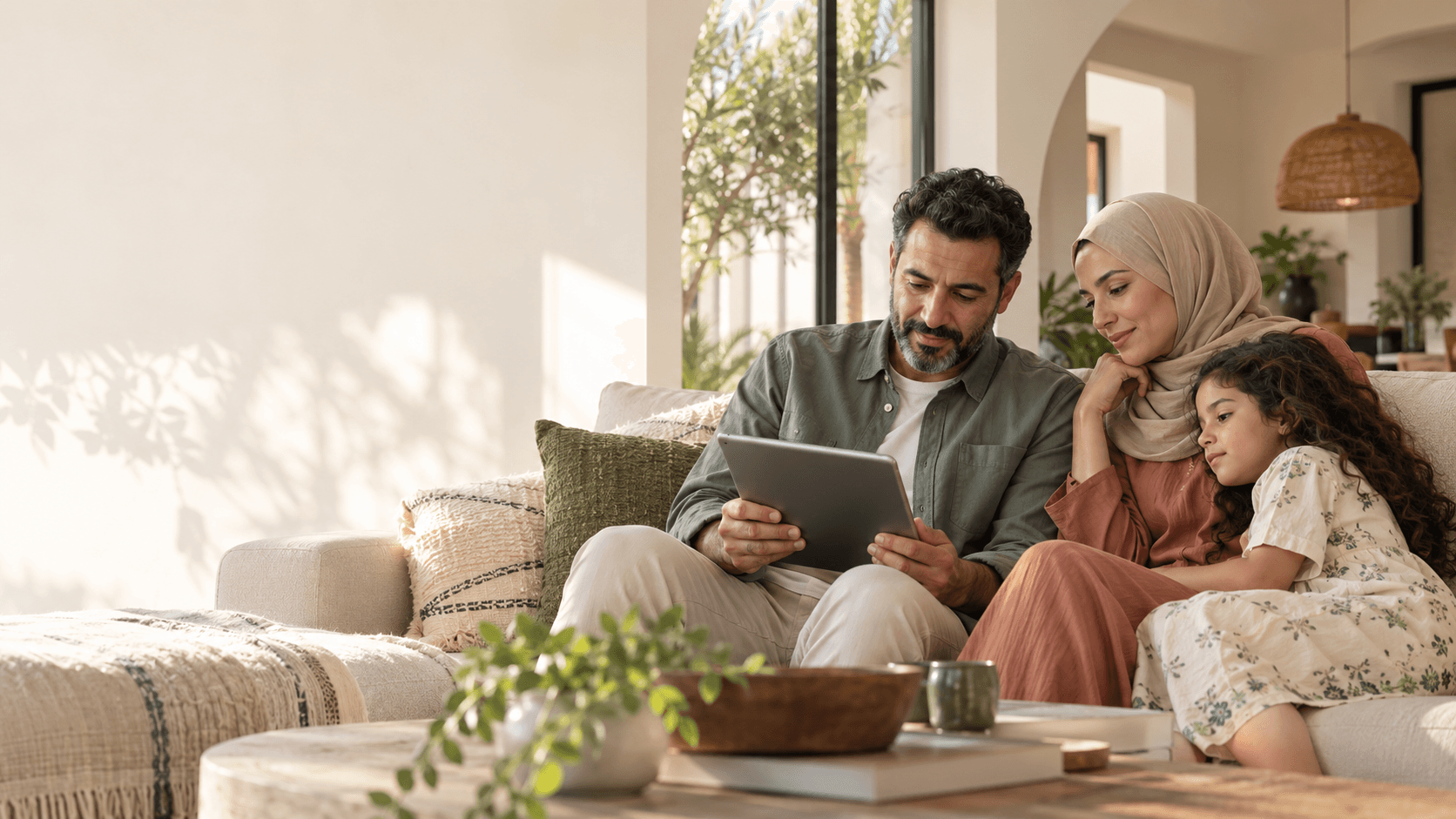 Une famille consulte des informations de santé sur une tablette à la maison